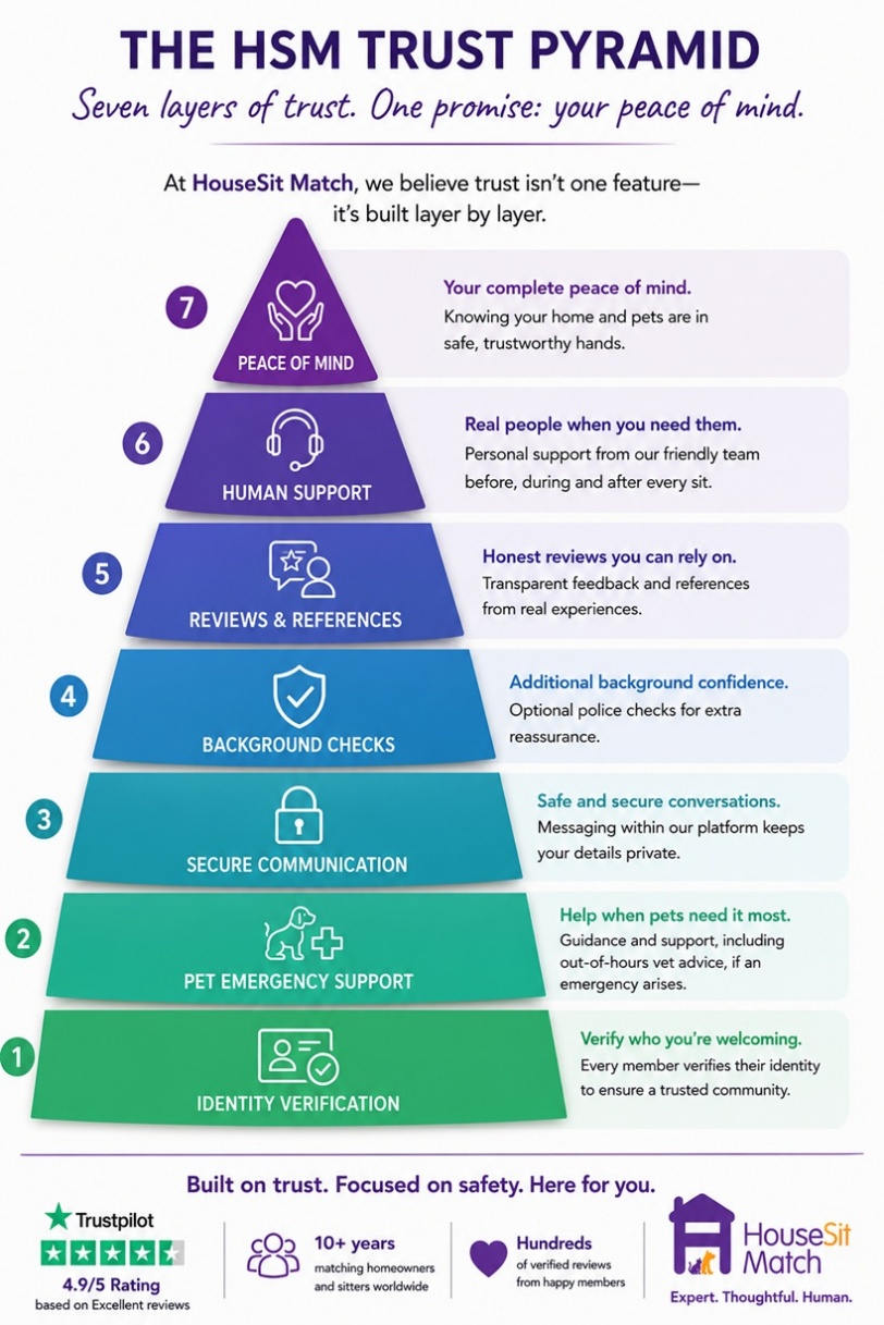 The HSM Trust Pyramid: seven layers of trust—identity verification, pet emergency support, secure communication, background checks, reviews and references, human support, and peace of mind.